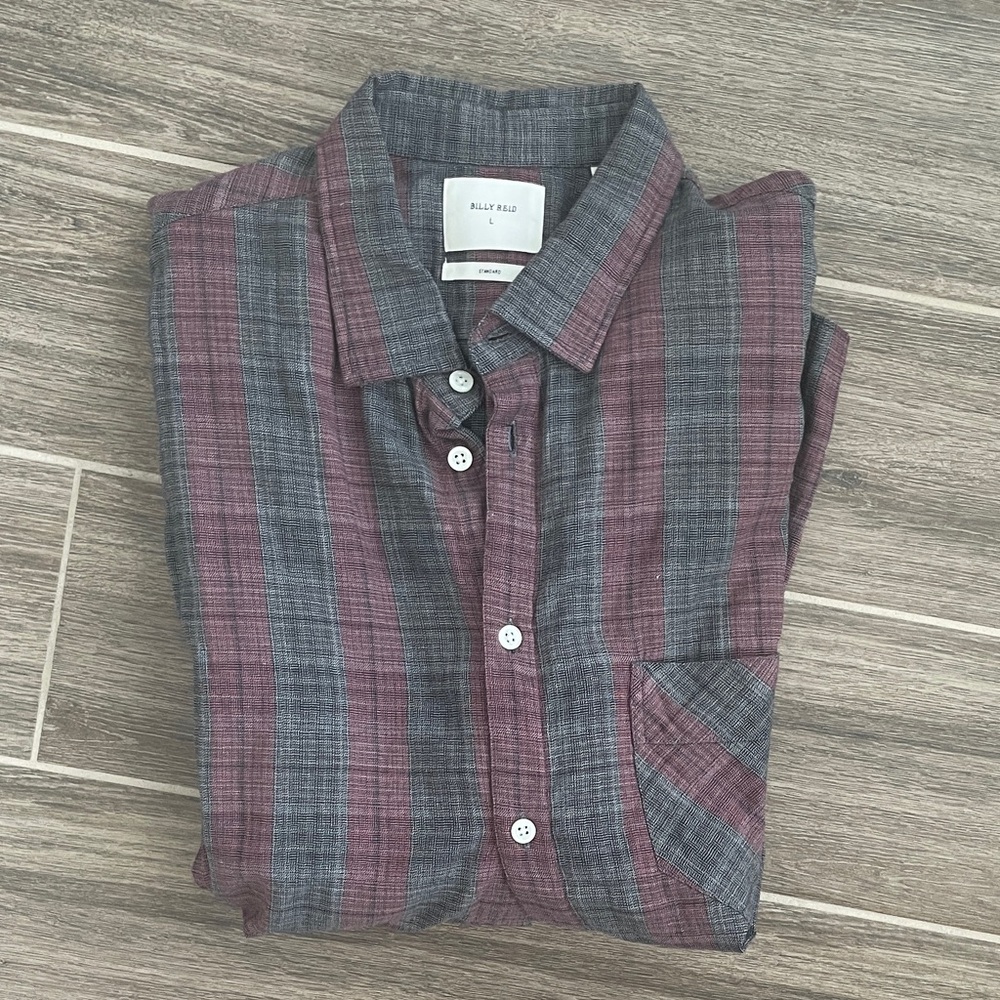 Billy Reid Men's Burgundy and Gray Striped Button-Down Shirt